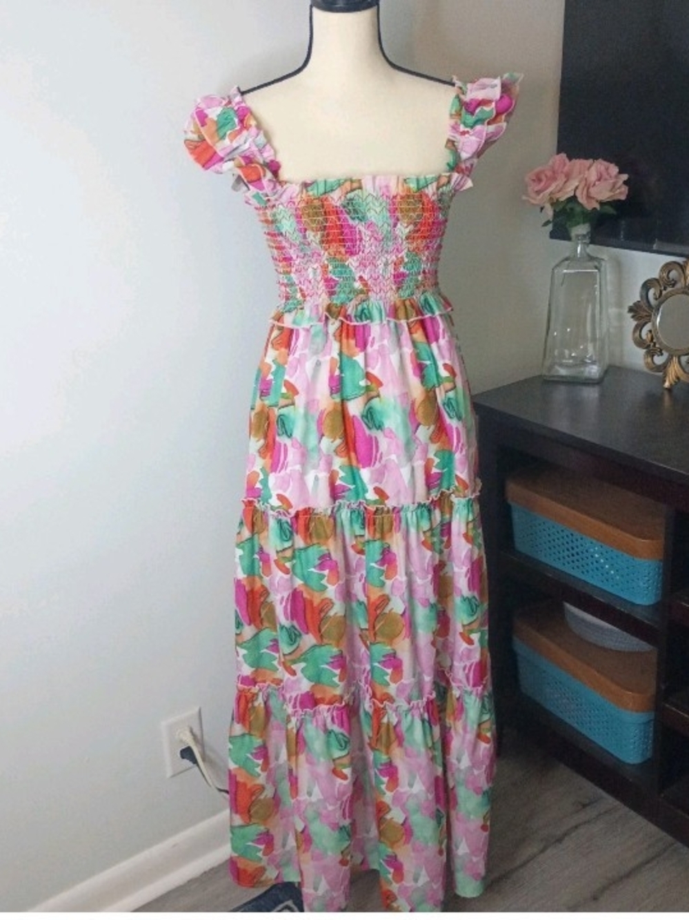 Jade Melody Tam Watercolor Smocked Tiered Colorful Peasant Maxi Dress, Medium